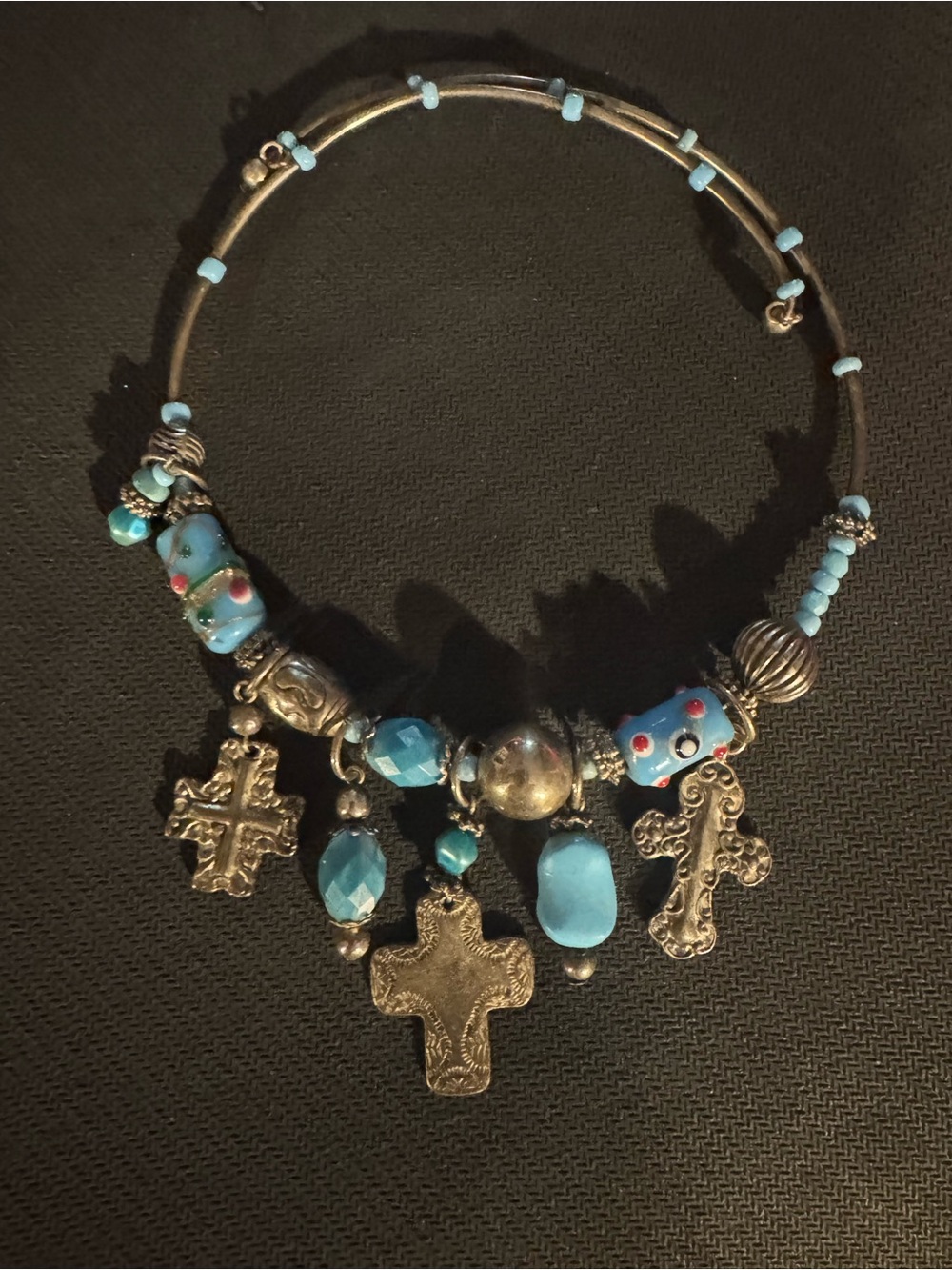 Vintage Glass Beaded Cross Charm Choker Necklace